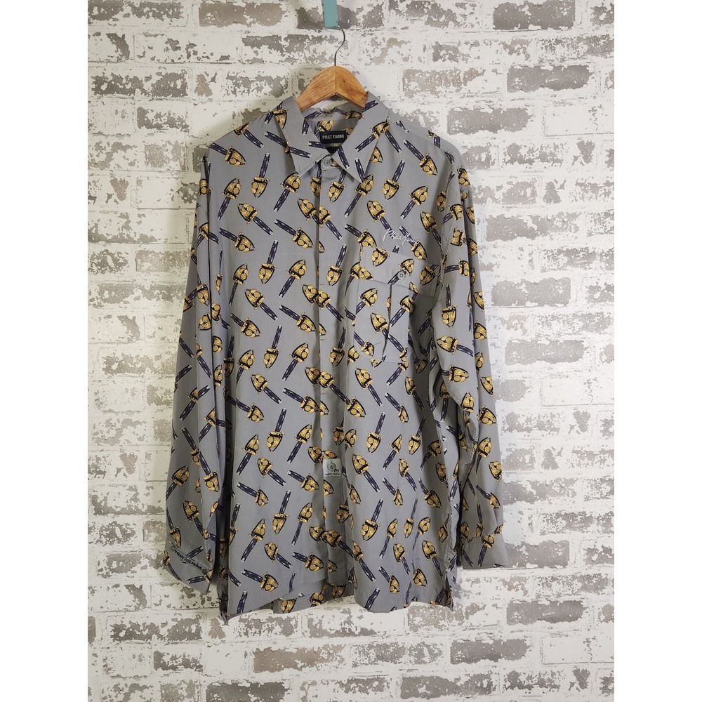Phat Farm Chainsaw Print Button Up Shirt Size 2XL Gray Long Sleeve